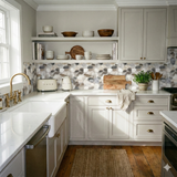 Pebble stack wallpaper by Quarrywell with a grey and white organic pebble design on a kitchen wall.
