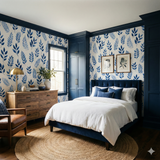 Field Notes Indigo Wallpaper with blue leaf pattern on white background.