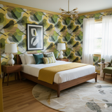 Repeating bird pattern wallpaper with green and yellow colors, covering walls.