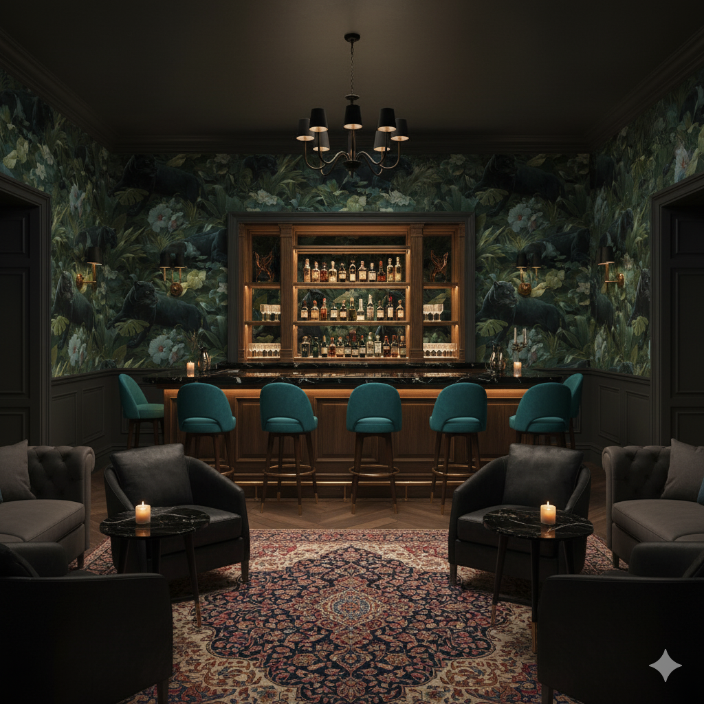 Dark floral Shadowstalk Wallpaper with a jungle panther pattern, featuring green leaves and blue flowers.
