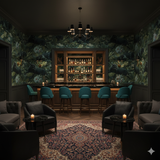 Dark floral Shadowstalk Wallpaper with a jungle panther pattern, featuring green leaves and blue flowers.
