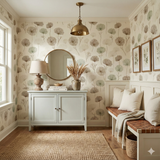 Larkspire Meadowdraft Wallpaper with floral dandelion pattern on off-white background.
