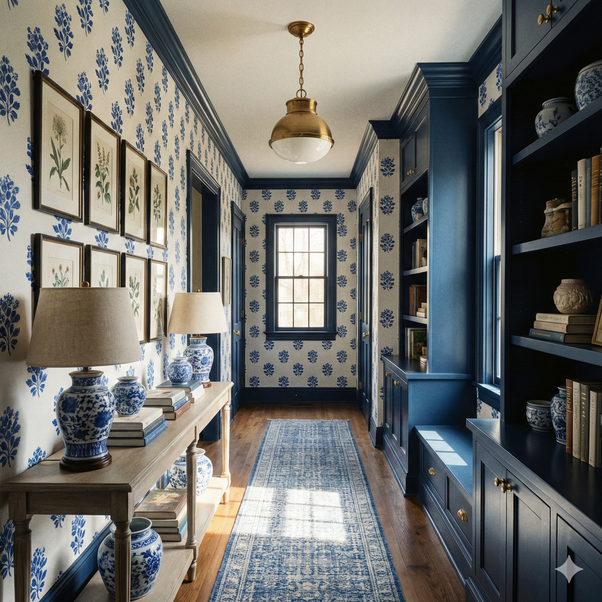 Blue floral herbarium press wallpaper with botanical prints and lamps, in a hallway.
