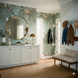 Kyoto Crane wallpaper with bird and floral pattern on a light blue background.