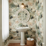 Lotus Crown Wallpaper with cranes and lotus flowers pattern.
