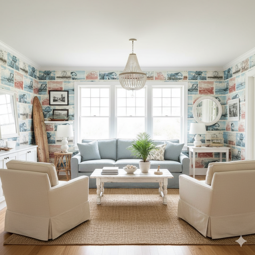 Boardwalk Ephemera Wallpaper featuring a collage pattern, with beachside images, on a wall in a styled living room.

