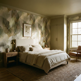 Leaf-patterned wallpaper with green and white hues, botanical leaf fall pattern.