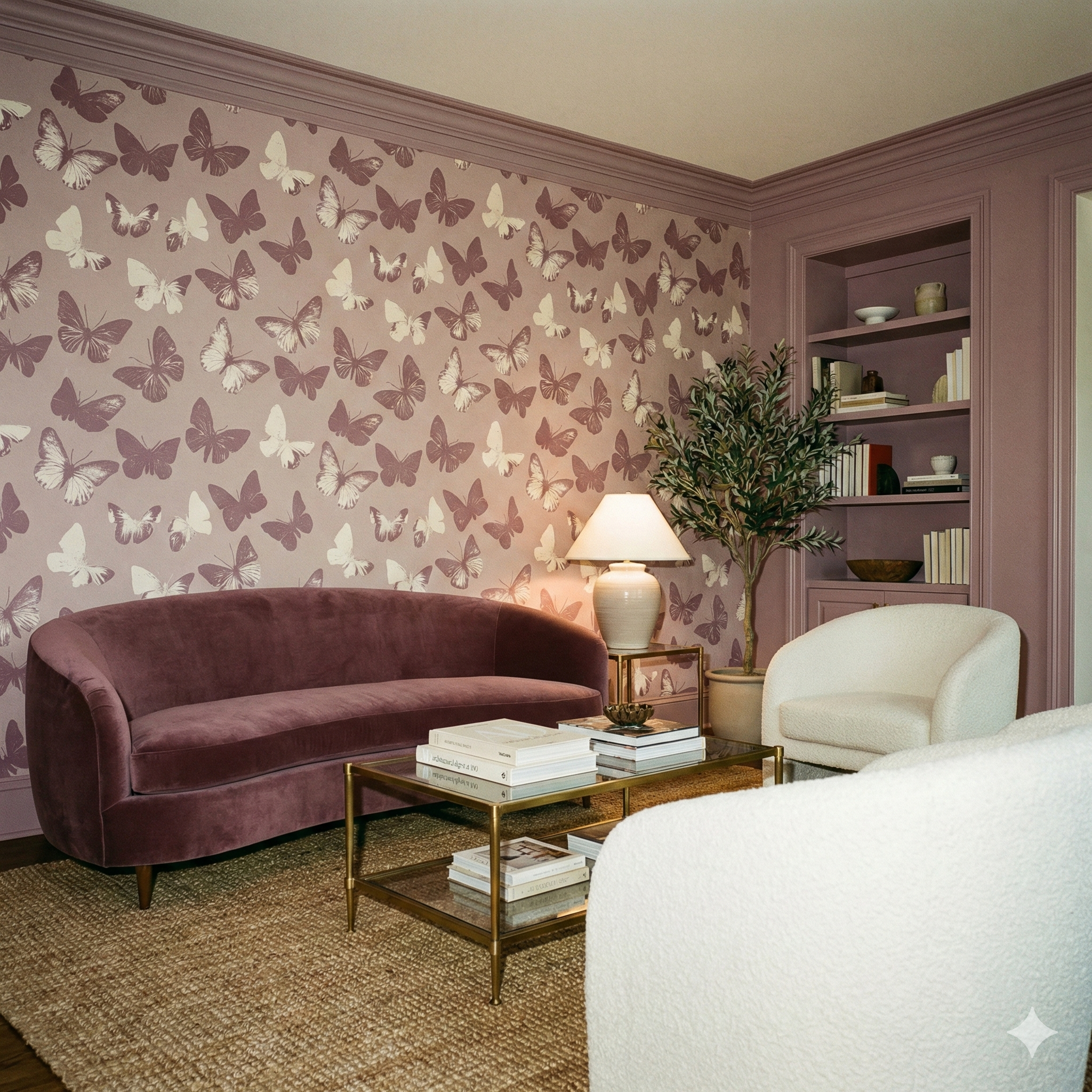Pale Monarch Wallpaper with butterfly pattern, covering a room with a mauve sofa and white chairs.