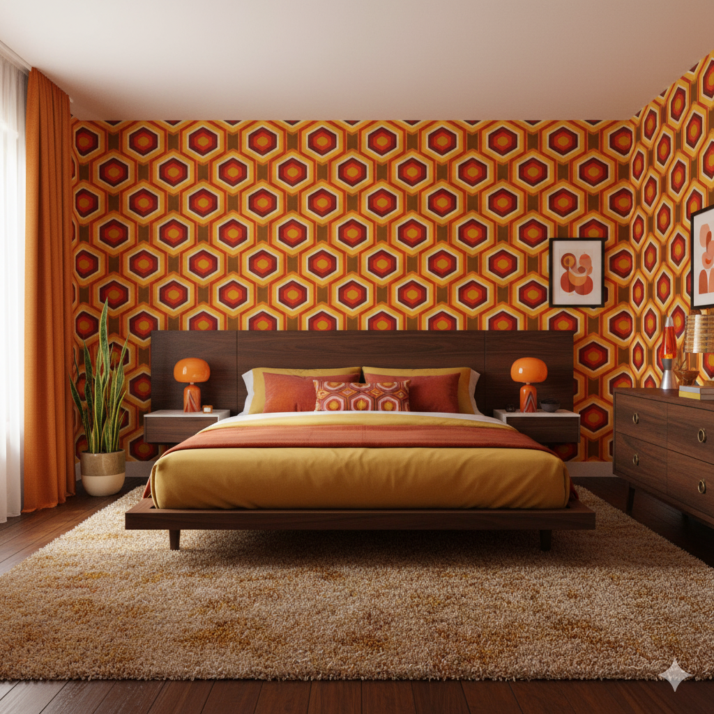 Marfa Hex wallpaper with orange geometric pattern, displayed on a bedroom wall.