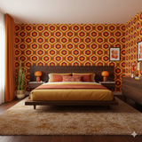 Marfa Hex wallpaper with orange geometric pattern, displayed on a bedroom wall.