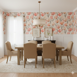 Floral print wallpaper with tulip pattern, adorning a dining room setting.