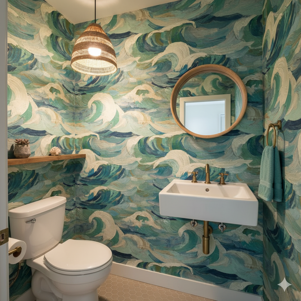 Wave pattern wallpaper with blues, greens and white, displaying a nautical feel.
