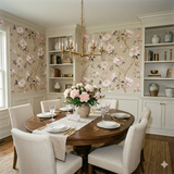 Floral bloomhouse wallpaper featuring pink peonies by Celestine, with butterflies and a natural beige background.