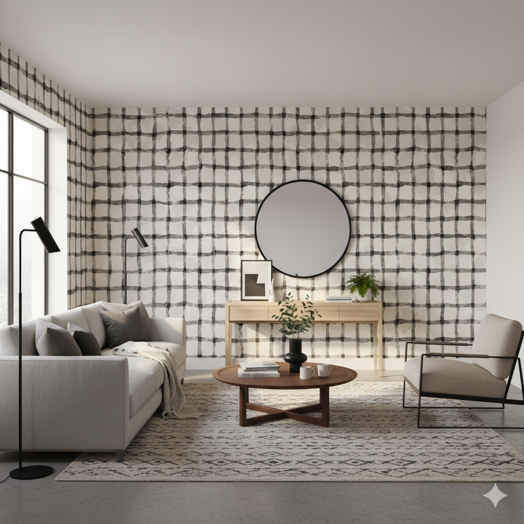 Quarry Grid Wallpaper with black and white plaid pattern, displayed on an accent wall in a styled living room.