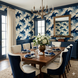 Indigo Steeplechase Wallpaper with horse pattern on wall behind dining table.