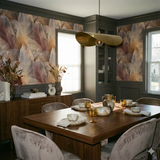 Feather patterned wallpaper in shades of gray and brown, featuring a large scale motif.