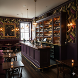 Wine bottle themed wallpaper with colorful pattern, covering the walls of a restaurant with a bar.