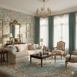 Azure Fleurs Wallpaper, patterned with flowers, foliage, and scrolls in light blues, pinks, and creams.