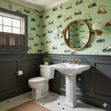 Golf cart print wallpaper with a green background, covering the bathroom walls.
