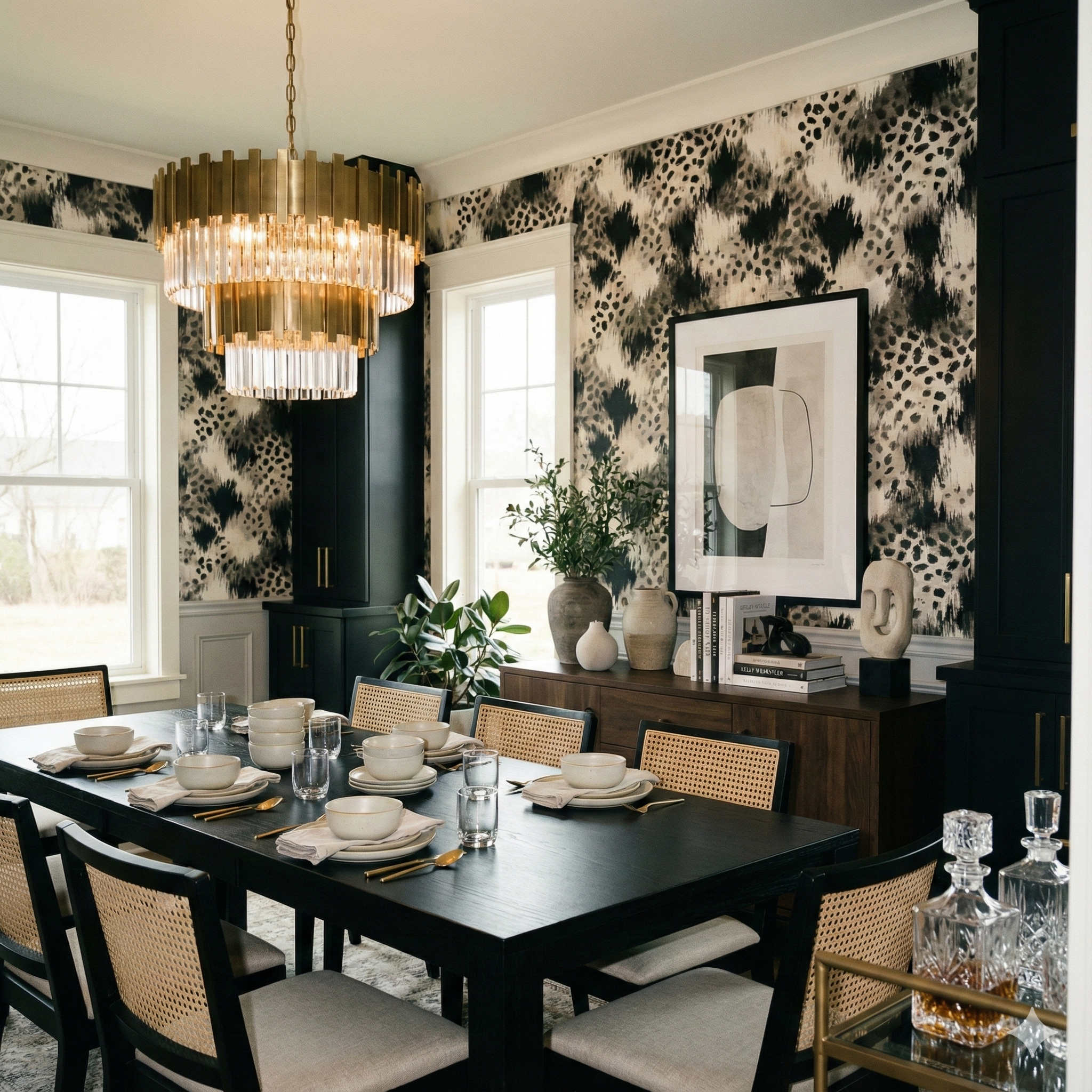 Black and white Smokeveil Savannah wallpaper with animal print by Wallshoppe, displayed in a dining room setting.
