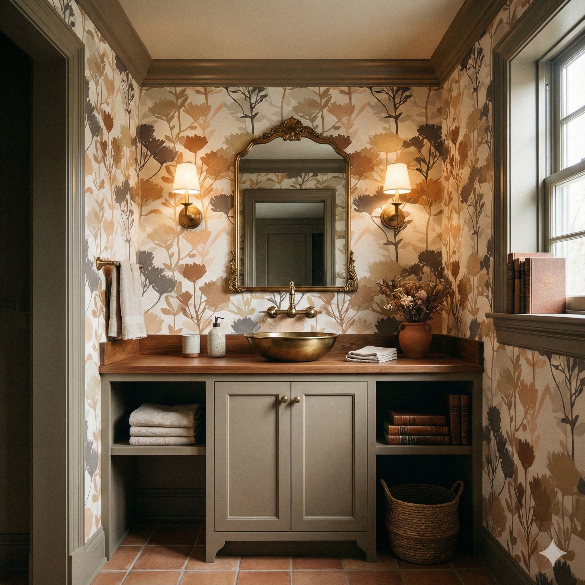 Floral wallpaper with brown and beige blossoms, and muted green trim.