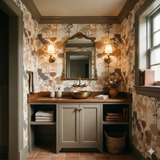 Floral wallpaper with brown and beige blossoms, and muted green trim.