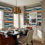 Carmel Brushwalk Wallpaper with a horizontal brushstroke pattern in teal, gray, and orange hues.