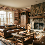 Patterned wallpaper with a scenic landscape design on the wall, featuring earth-tone colors and a horizon scene.