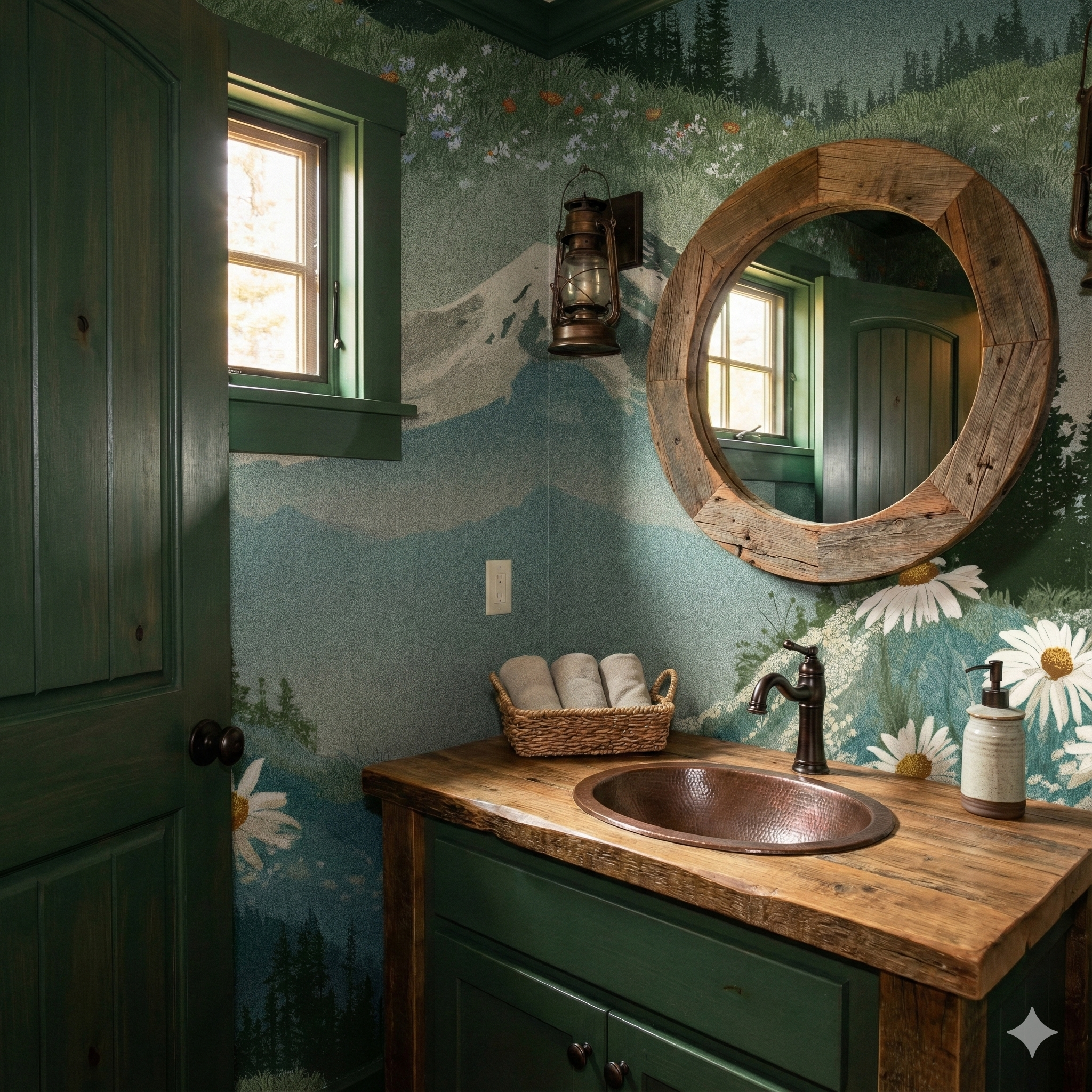 Meadowlight Wallpaper featuring mountains, trees, and wildflowers with a rustic style bathroom decor.