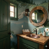 Meadowlight Wallpaper featuring mountains, trees, and wildflowers with a rustic style bathroom decor.