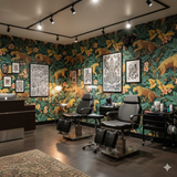 Jungle-themed wallpaper with leopard pattern by Mind the Gap, featuring green foliage, flowers, and gold accents.
