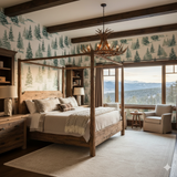 Evergreen tree wallpaper with a forest pattern, against a light background.
