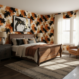 Painted hide wallpaper with black and brown blotches, covering a bedroom wall behind the wooden bed.