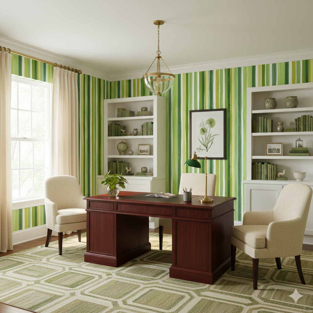 Verdant lines wallpaper with green stripes, shown installed in a room with natural light and neutral-colored furnishings.