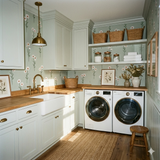 Floral Meadow Notes Wallpaper in a laundry room with white cabinets and a wooden countertop.
