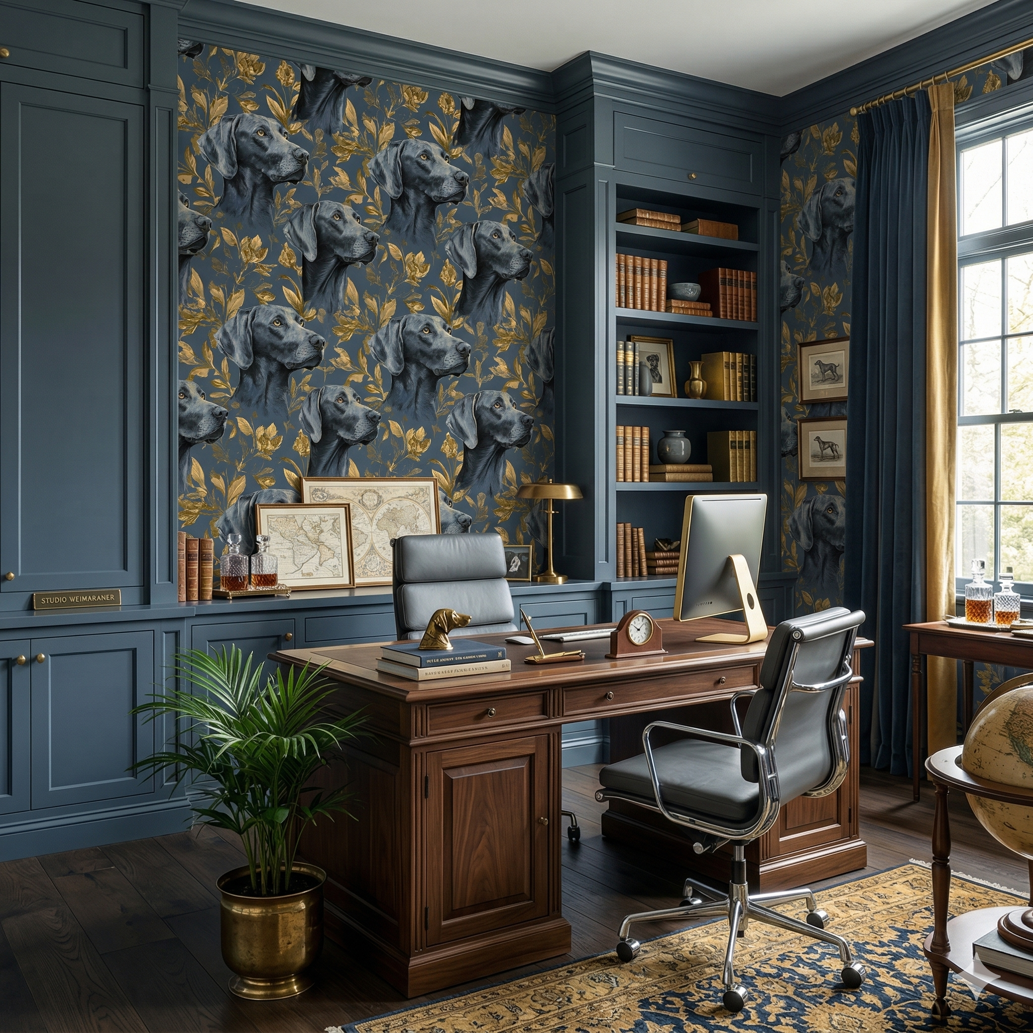 Aurelin Canopy Wallpaper with a dog pattern on a navy background, with golden leaves.