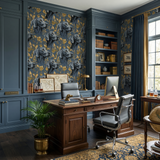 Aurelin Canopy Wallpaper with a dog pattern on a navy background, with golden leaves.