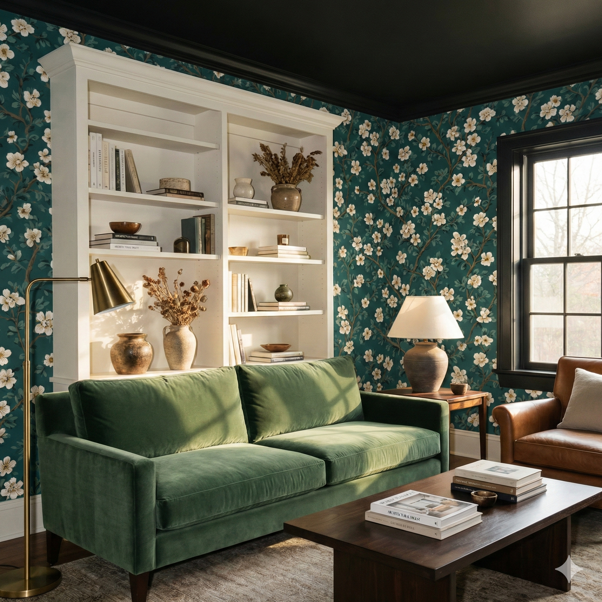 Floral Oldfield Bloom wallpaper with a dark teal backdrop, displaying a blossoming tree motif.
