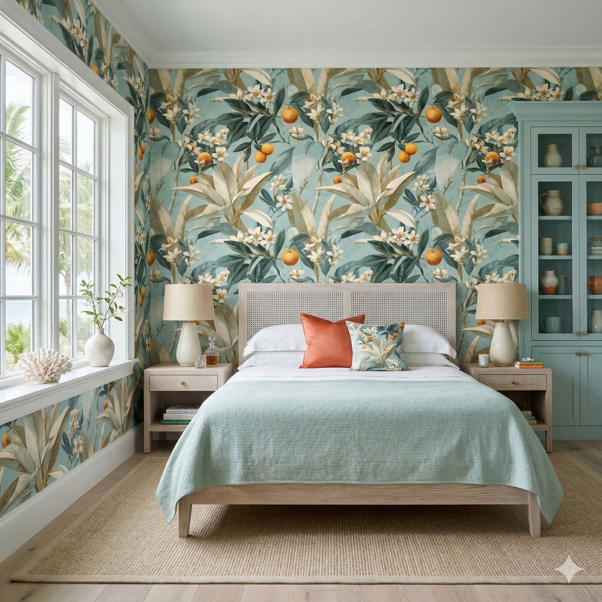 Botanical wallpaper with citrus pattern from Valmere, accenting a stylishly decorated bedroom.
