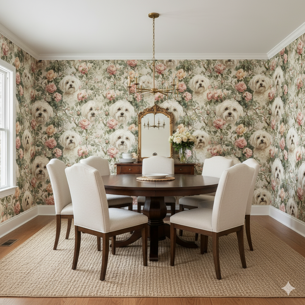 Rose Cottage Maltese Wallpaper with floral and dog pattern, installed in a dining room with dark wood table and light chairs.
