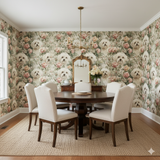 Rose Cottage Maltese Wallpaper with floral and dog pattern, installed in a dining room with dark wood table and light chairs.
