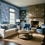 Blue dog-patterned wallpaper with window view, Westies design, and blue trim.