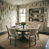 Fern pattern wallpaper in a dining room setting, covering the walls above a white wainscot.