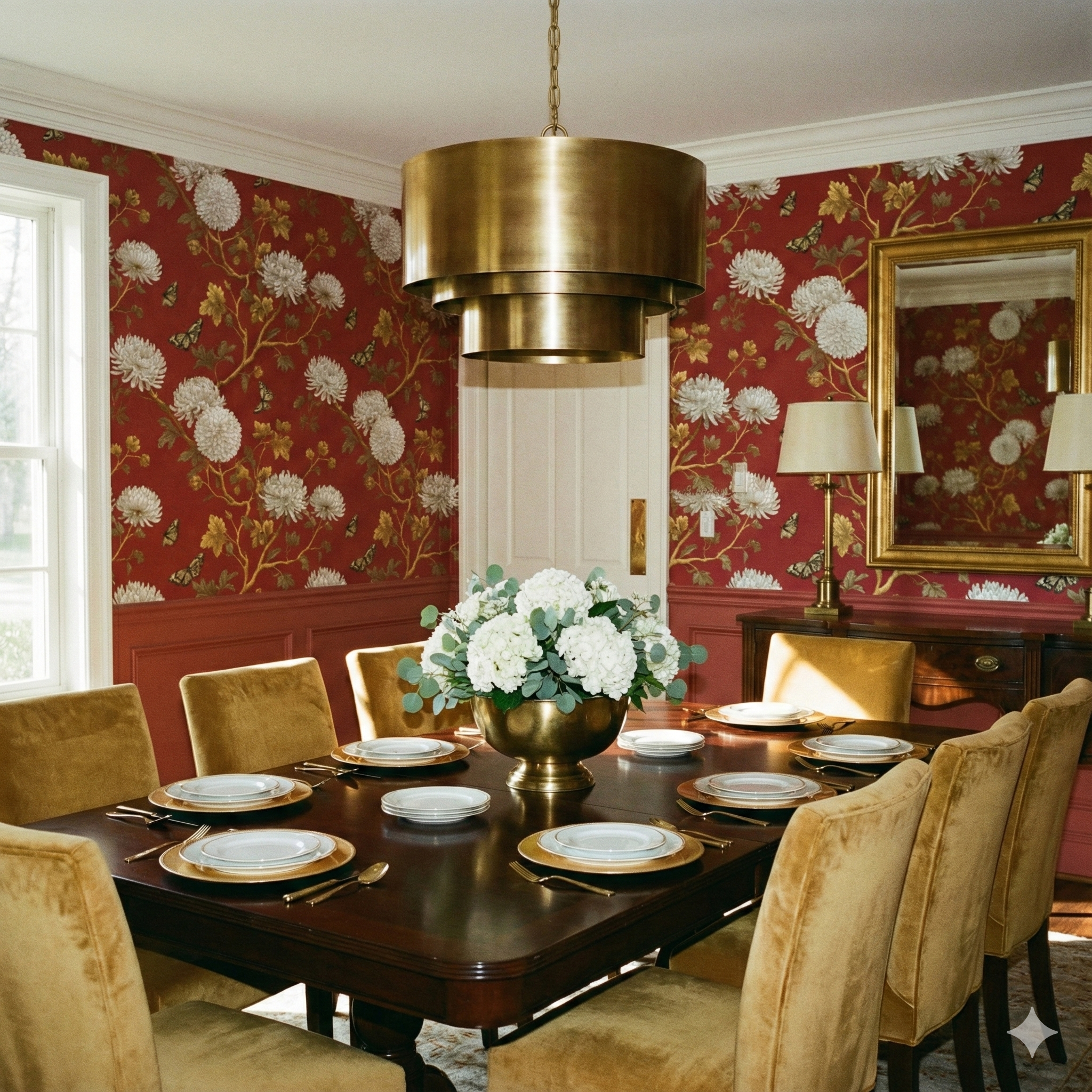 Crimson Helios wallpaper with floral and butterfly pattern, styled in a dining room setting.