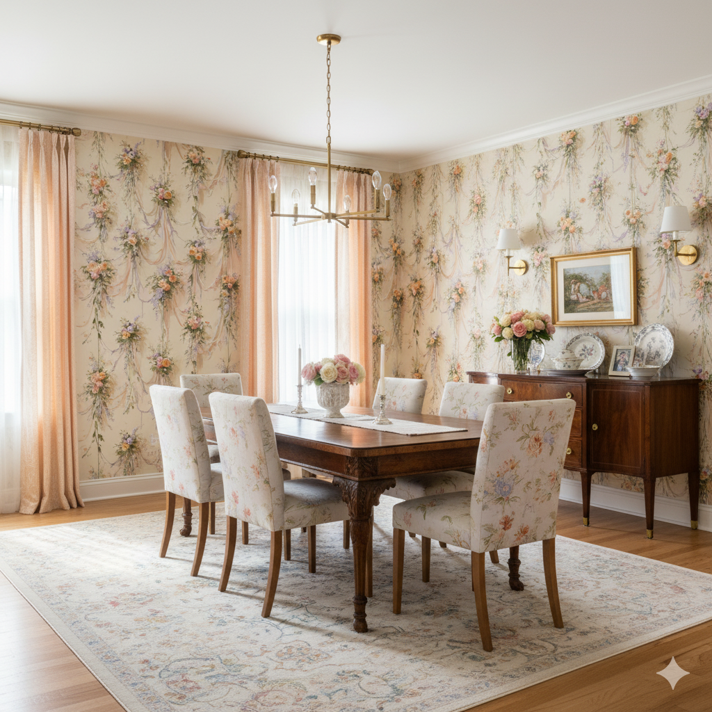 Floral Rosette Cascade Wallpaper with ribbon detailing, covering the dining room walls.
