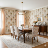 Floral Rosette Cascade Wallpaper with ribbon detailing, covering the dining room walls.
