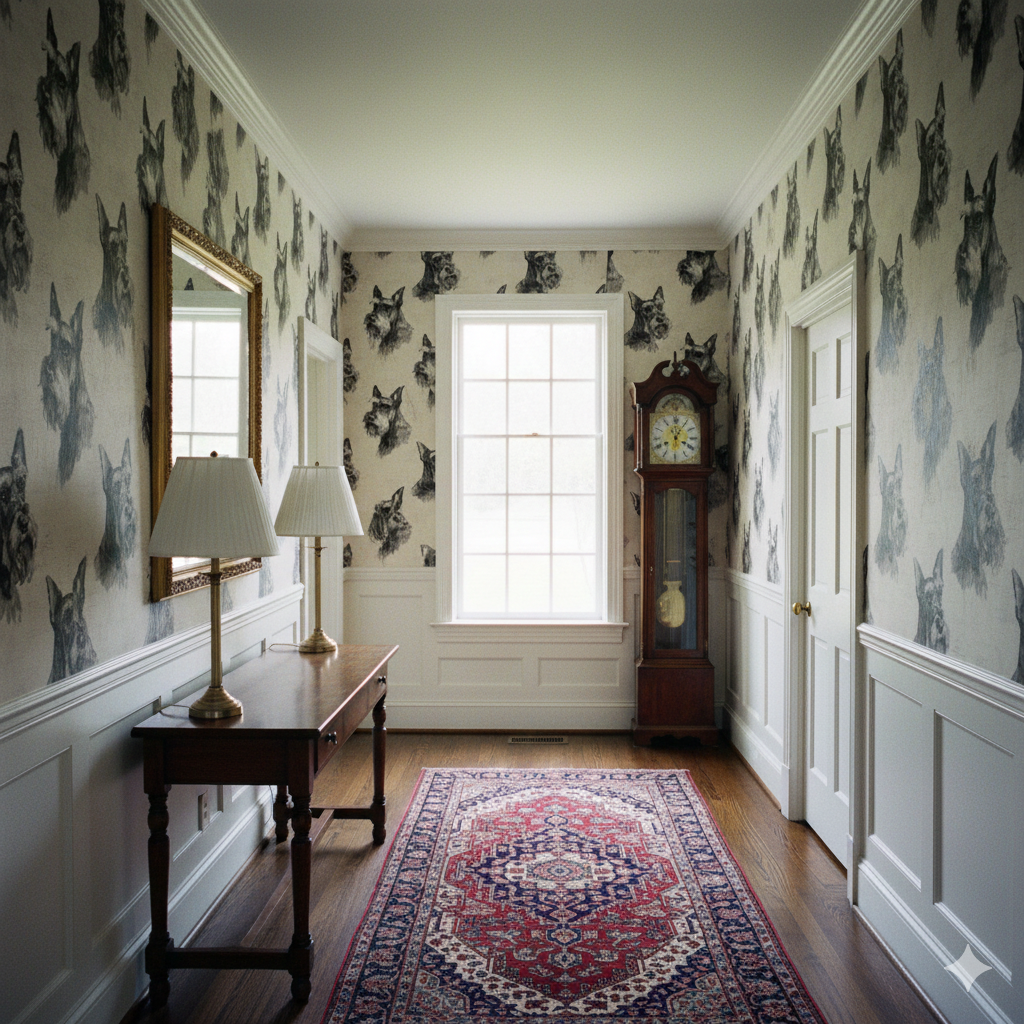 Patterned Ironwood Manor Wallpaper with dog portraits covering the wall, in a traditional room.