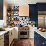 Terrazzo Riviera Wallpaper with abstract shapes, in navy blue, peach and grey, over a kitchen backsplash.