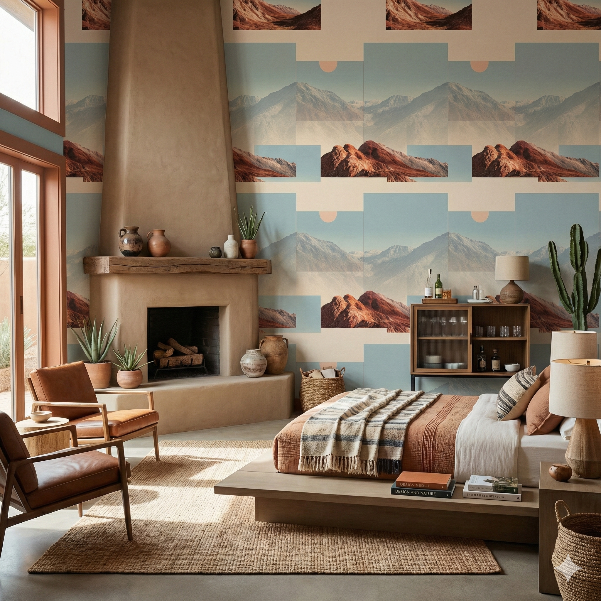 Mesa Fade Wallpaper featuring mountains, desert, and geometric sun shapes.