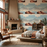 Mesa Fade Wallpaper featuring mountains, desert, and geometric sun shapes.